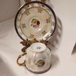 GNA Teacup Saucer Iridescent Lace Edge Flower Bouquet Gold Edge Fine Porcelain
